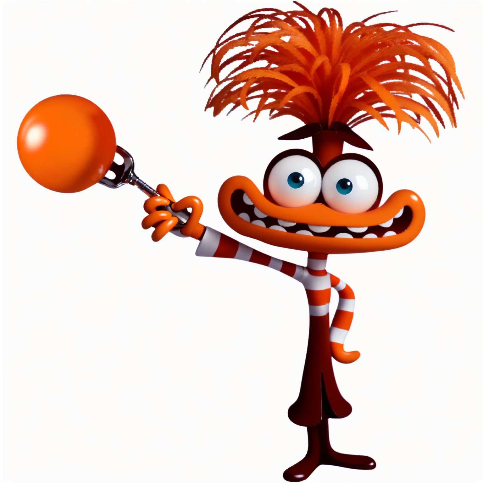 ORANGE CHARACTER. WEARING A STRIPED VEST AND BROWN PANTS. HOLDING A FILE WITH AN ORANGE BALL. glossy texture, smooth 3d model, multiple light sources, rim light, sharp post effects render, (glossy plastic texture with multiple big light probe refractions), perfect cgi, smooth silhouette, high intensity refraction, (super glossy material), most beautiful vfx, blue background, plastic refractions, realistic, 4k, high resolution, rim light,  photo shoot, commercial photo,  profile shot, 4k, rim light, high resolution, 4k, glossy texture, smooth 3d model, multiple light sources, rim light, sharp post effects render, (glossy metallic texture with multiple big light probe refractions), perfect cgi, cgi art created only with gradients, smooth silhouette, high intensity refraction, (super glossy chrome material), most beautiful vfx, blue background, chrome metal refractions, multiple light sources, rim light, sharp post effects render, perfect cgi, digital art, detailed digital art, reflective, best quality, 4k, masterpiece:1.2, ultra-detailed, realistic, vivid colors, dark and moody lighting, The image of the highest quality, ensuring every detail showcased perfectly. It in 4k resolution, allowing viewers to immerse themselves in the richness of the colors and intricate details. The realistic rendering. under the spotlight, reflecting, high-resolution image, realistic rendering, dark background, and rim light photorealistic