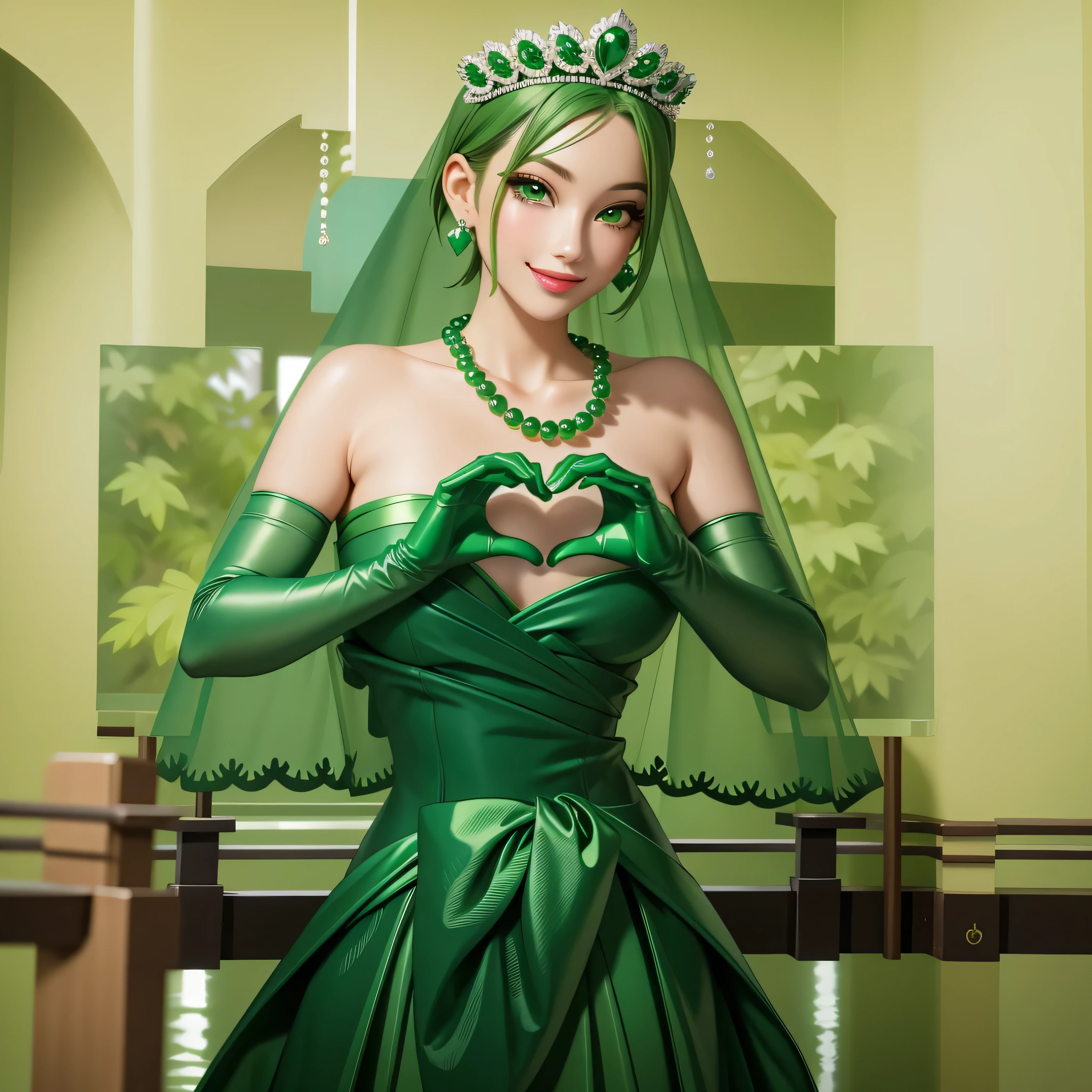 emerald tiara, Green Pearl Necklace, Boyish very short green hair, Green Lips, Smiling Japanese woman, Very short hair, Busty beautiful lady, Green Eyes, Green satin long gloves, Green Eyes, Emerald Earrings, Green veil, Heart with both hands, Heart shaped hands, Green Hair, Beautiful Japanese Woman, green lip gloss