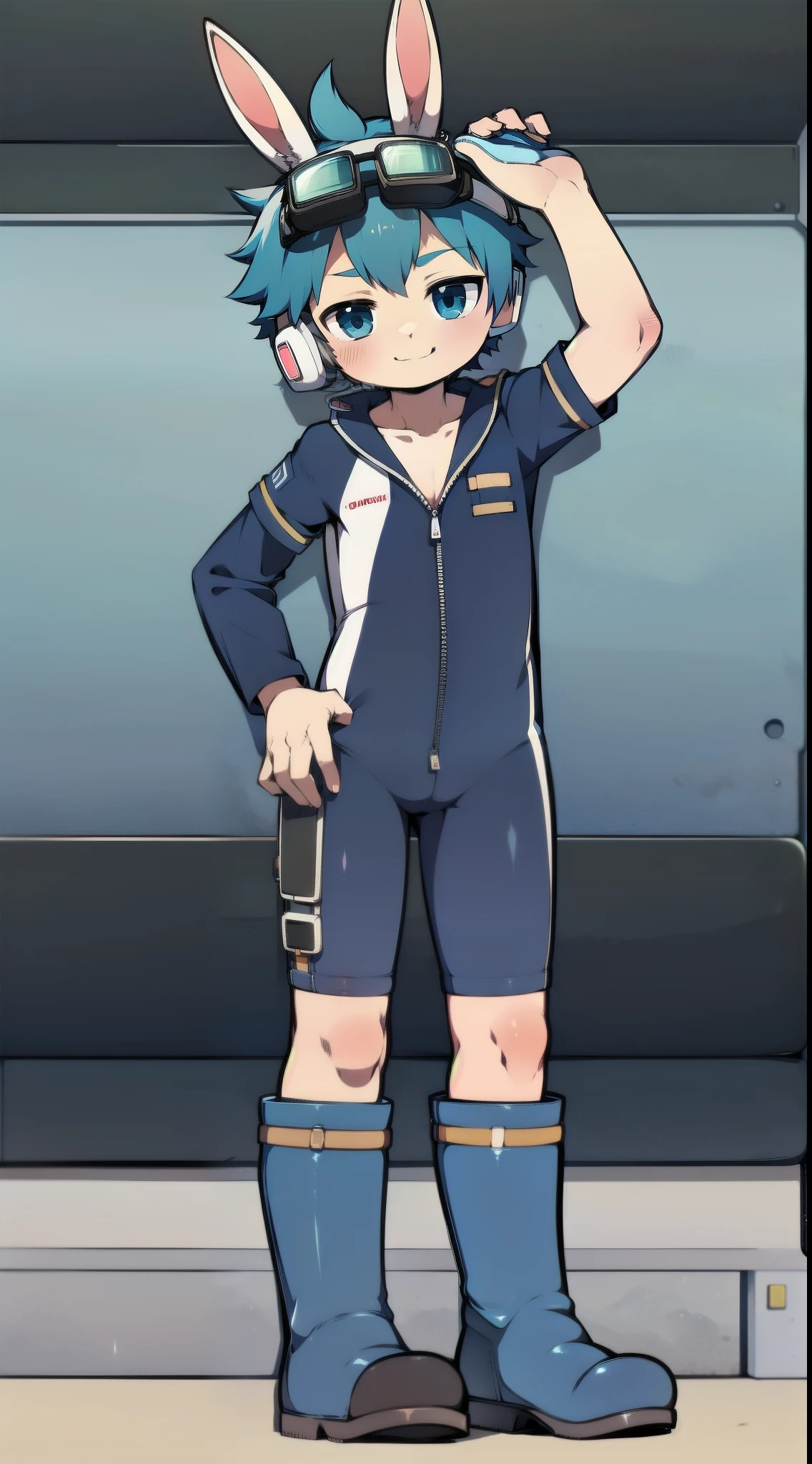 2D Boy Shota，One-piece mountaineering suit，Slim, healthy body，Put the headphones on your head，stand up，goggles，Rabbit ears，happy，Sailor collar，tie，Zipper pulled down，boots