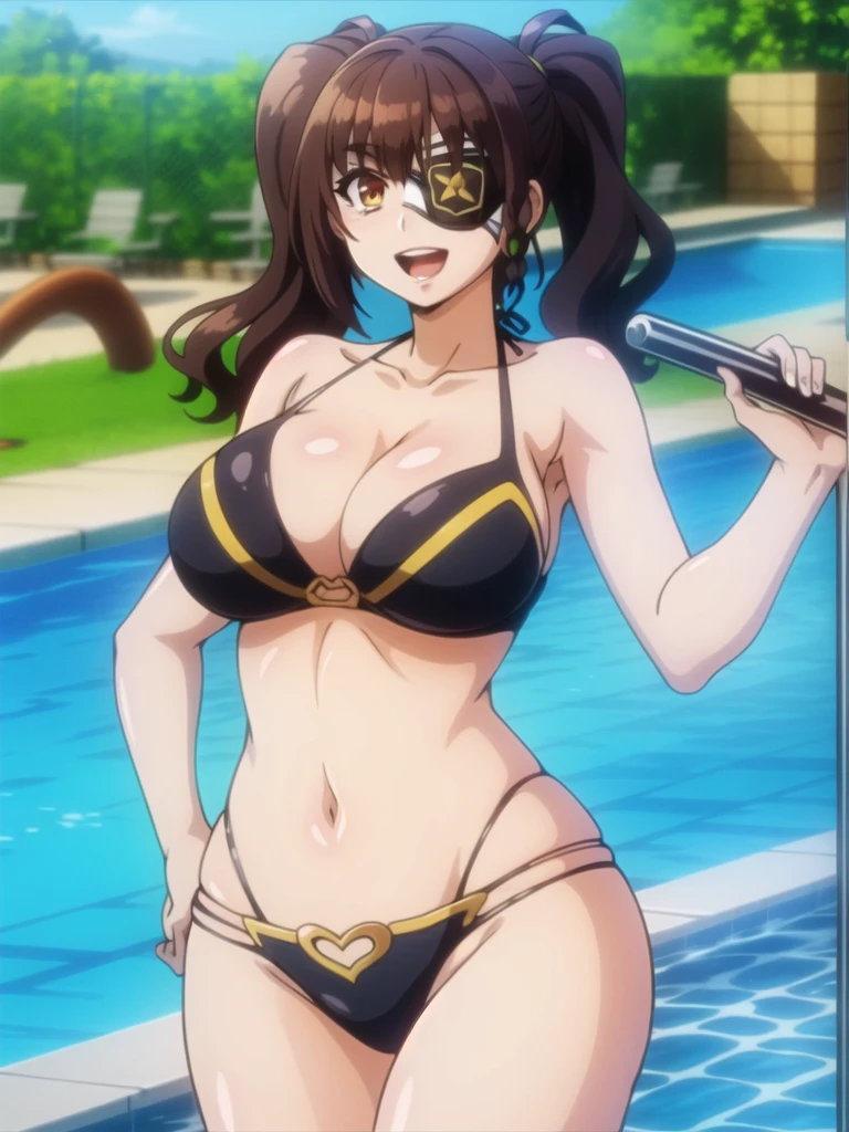 masterpiece, Highest quality, raphael, Twin tails, Pool, smile, cowboy shot, Eyepatch bikini, (looking at me), (large breasts), Emphasize the breasts, standing, open mouth,