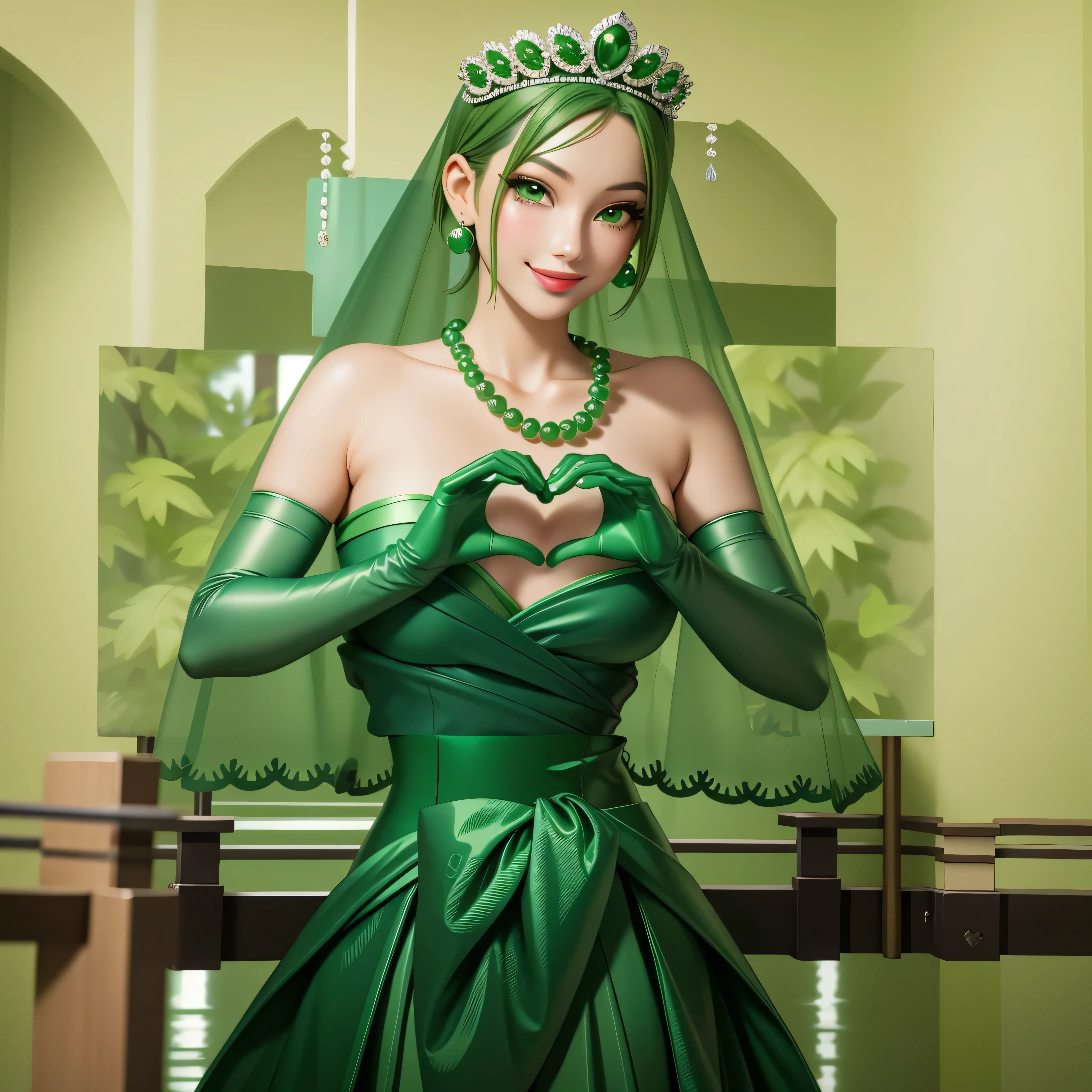 emerald tiara, Green Pearl Necklace, Boyish very short green hair, Green Lips, Smiling Japanese woman, Very short hair, Busty beautiful lady, Green Eyes, Green satin long gloves, Green Eyes, Emerald Earrings, Green veil, Heart with both hands, Heart shaped hands, Green Hair, Beautiful Japanese Woman, green lip gloss