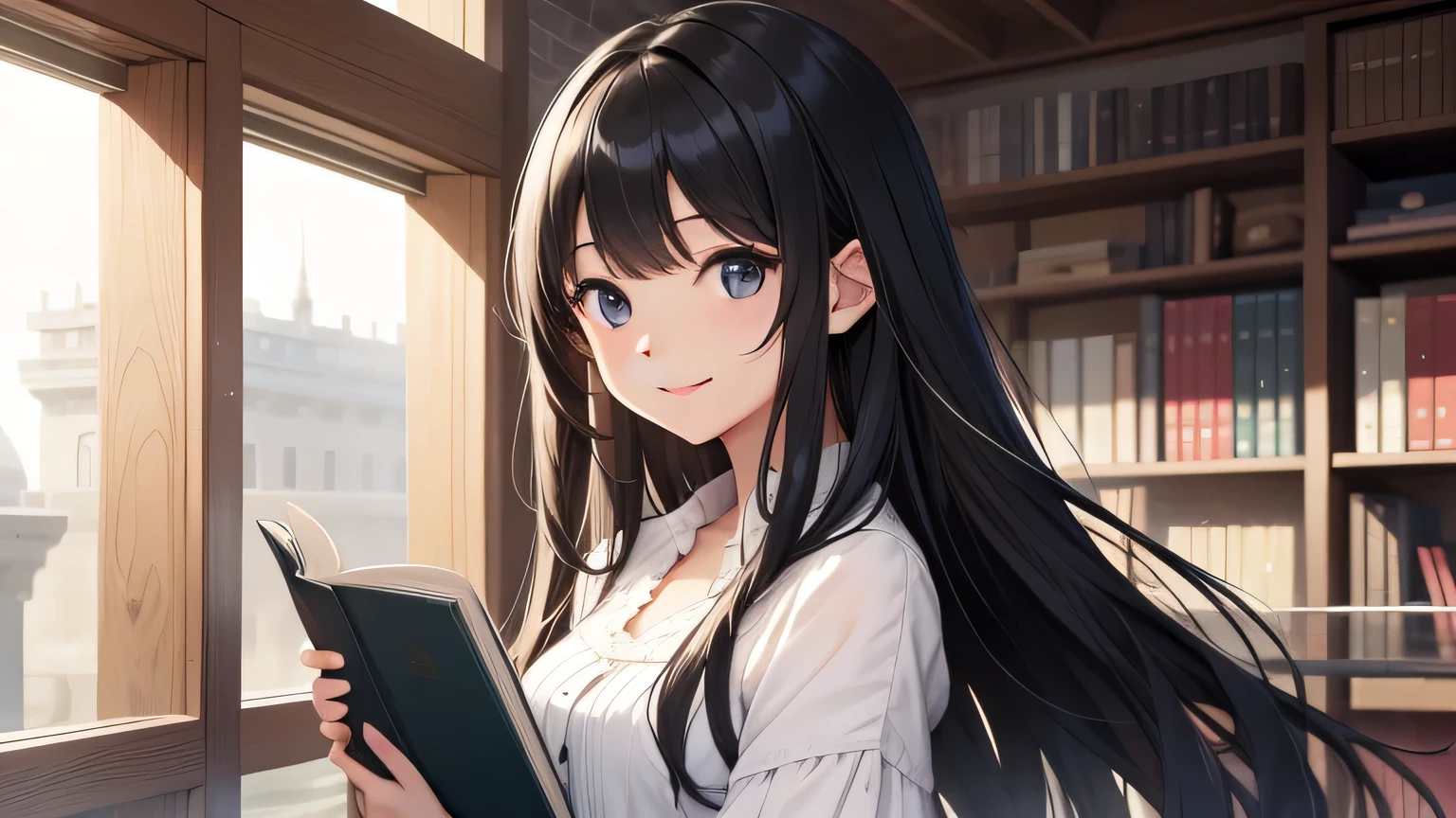 One Girl、Book、archive、Gentle light、Black Hair、Long Hair、smile