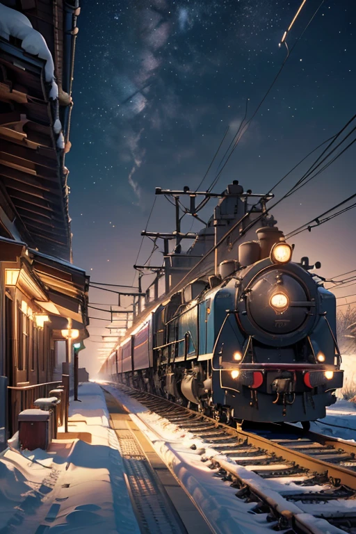 (Scenery before dawn:1.５)、Snow-covered station platform in a rural town、Diesel trains、Extending railway line、winter、Faint starry sky、People waiting for a train、Photorealistic、Photorealistic:1.37、Highest quality、4K、8K、High resolution、masterpiece:1.2、Super detailed、HDR、uhd、Studio Lighting、Ultra-fine painting、Sharp Focus、Physically Based Rendering、Extremely detailed depiction、professional、Bright colors、Bokeh、wtrcolor style