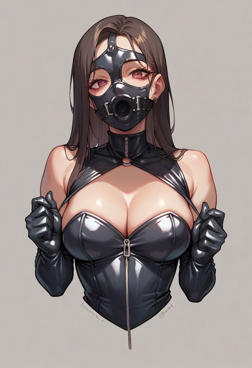 A girl covered in latex and rubber in a latex mask puts on gloves and a gag in her mouth 