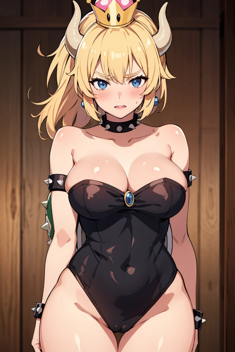 best quality, high resolution, large breasts, blonde hair, blush, embarrassed, cowboy shot, looking at viewer, bowsette, pink lip