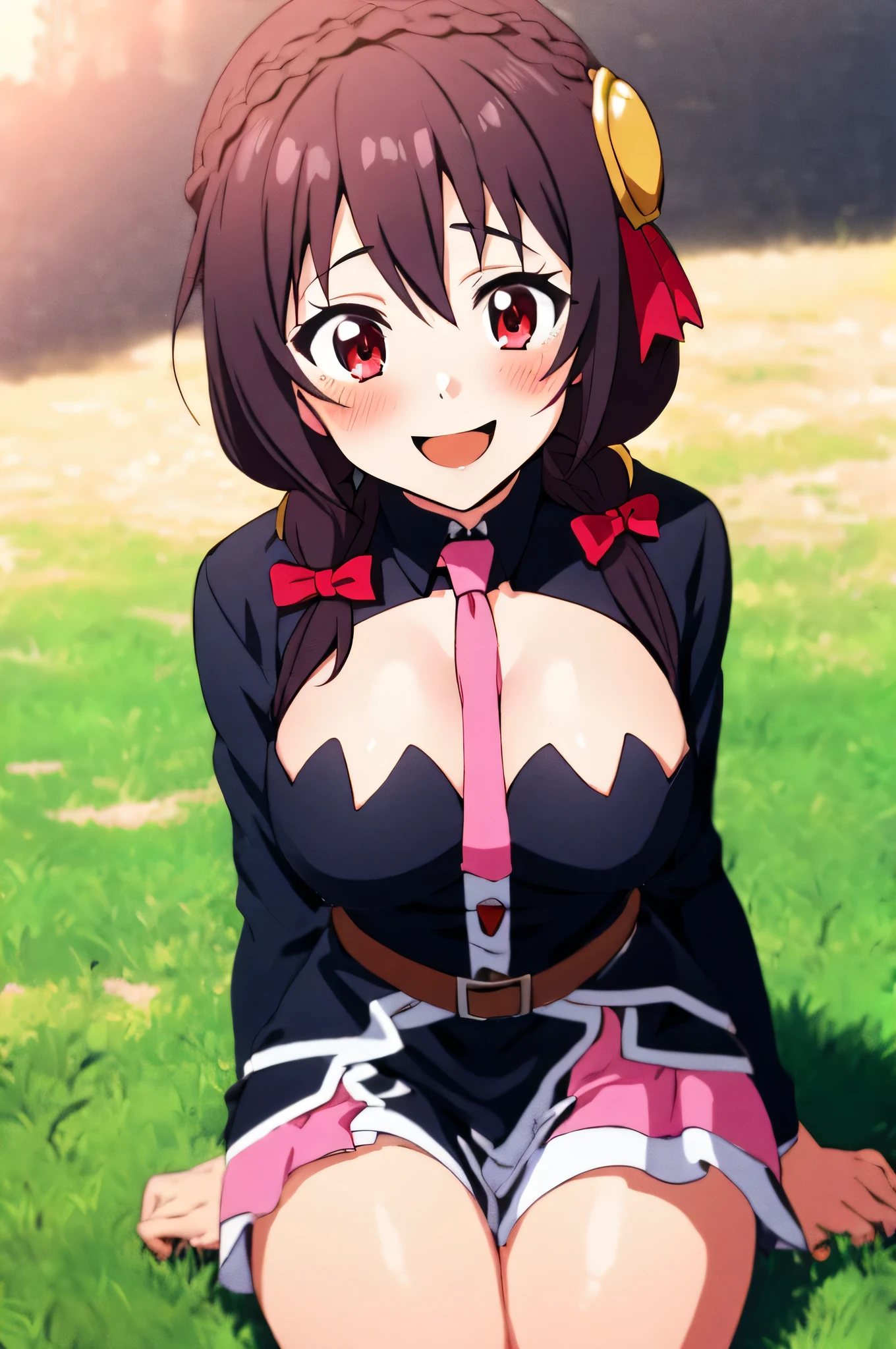(masterpiece, Highest quality), One girl, Yunyun,Long Hair,Braiding,Twin tails,Hair between the eyes,Red hair ribbon,hair ornaments,large round breasts,、Pink Skirt、Black Hair、Red Eyes、(A very happy smile:1.2)、Crown Blade,Black Shirt, Long sleeve,Pink tie, belt, Cleavage cutout、cowboy shot、(blush:1.ung face、(Sitting on the grass having a picnic)
