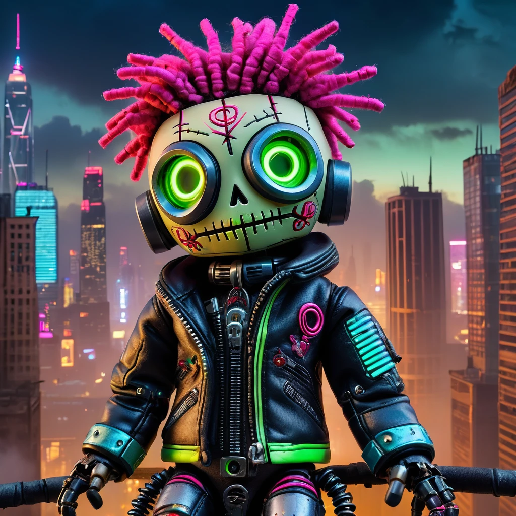 (knitted toy voodoo doll:1.7), (Voodoo Cyberpunk:1.3), (Clothing neon leather jacket with cybernetic implants, glowing glasses:1.4), (background post-apocalyptic cityscape with crumbling skyscrapers and sky filled with smog:1.9) best quality, masterpiece, detailed soft oil painting, detailed background, dramatic cinematic lighting, soft edge lighting, professional, dramatic lighting, hard edge lighting, ultra quality, 4k,masterpiece, best quality, 8k, ultra highres, highres, extremely detailed