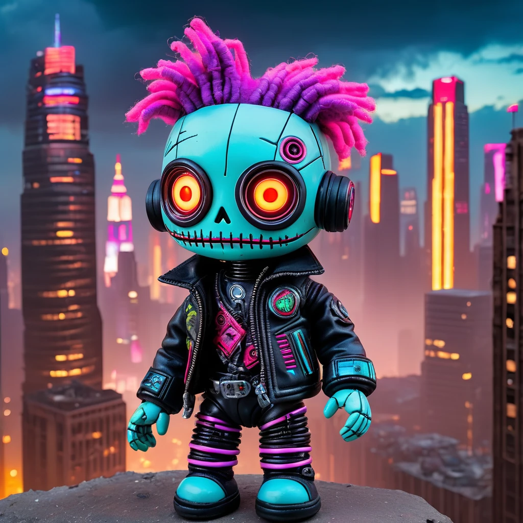 (knitted toy voodoo doll:1.7), (Voodoo Cyberpunk:1.3), (Clothing neon leather jacket with cybernetic implants, glowing glasses:1.4), (background post-apocalyptic cityscape with crumbling skyscrapers and sky filled with smog:1.9) best quality, masterpiece, detailed soft oil painting, detailed background, dramatic cinematic lighting, soft edge lighting, professional, dramatic lighting, hard edge lighting, ultra quality, 4k,masterpiece, best quality, 8k, ultra highres, highres, extremely detailed
