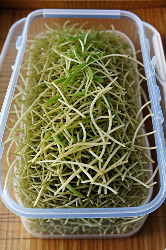 Growing bean sprouts from mung beans in plastic box