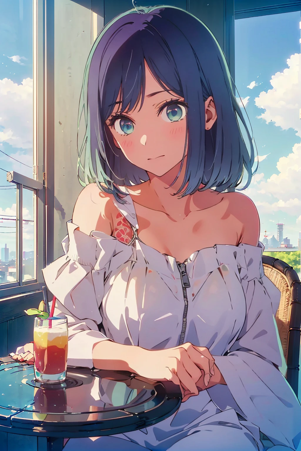(Highest quality:1.4、8K:1.4、detailed)、F cup bust、Big Breasts、Slim body、Very white beautiful skin、((((1 person、smile、Surprised expression、sit、Chair、In the background are the urban buildings of Tokyo、looking at the camera、Indoor cafe terrace、Navy hair color、Straight Long Hair、juice、Shooting up close、table、Very cute face))))、((((nude、Areola))))、(Touching cheeks with both hands pose:1.4)、(((Off-the-shoulder zippered top)))、Nipples、Very blue sky、A completely cloudless sky