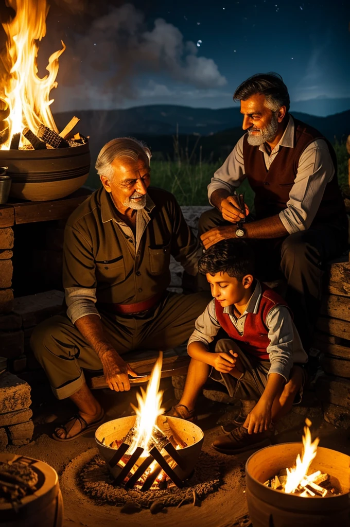 Kajval and his grandfather sit by a bonfire. Grandfather holds a clay pot with steaming herbs while telling ancient stories.