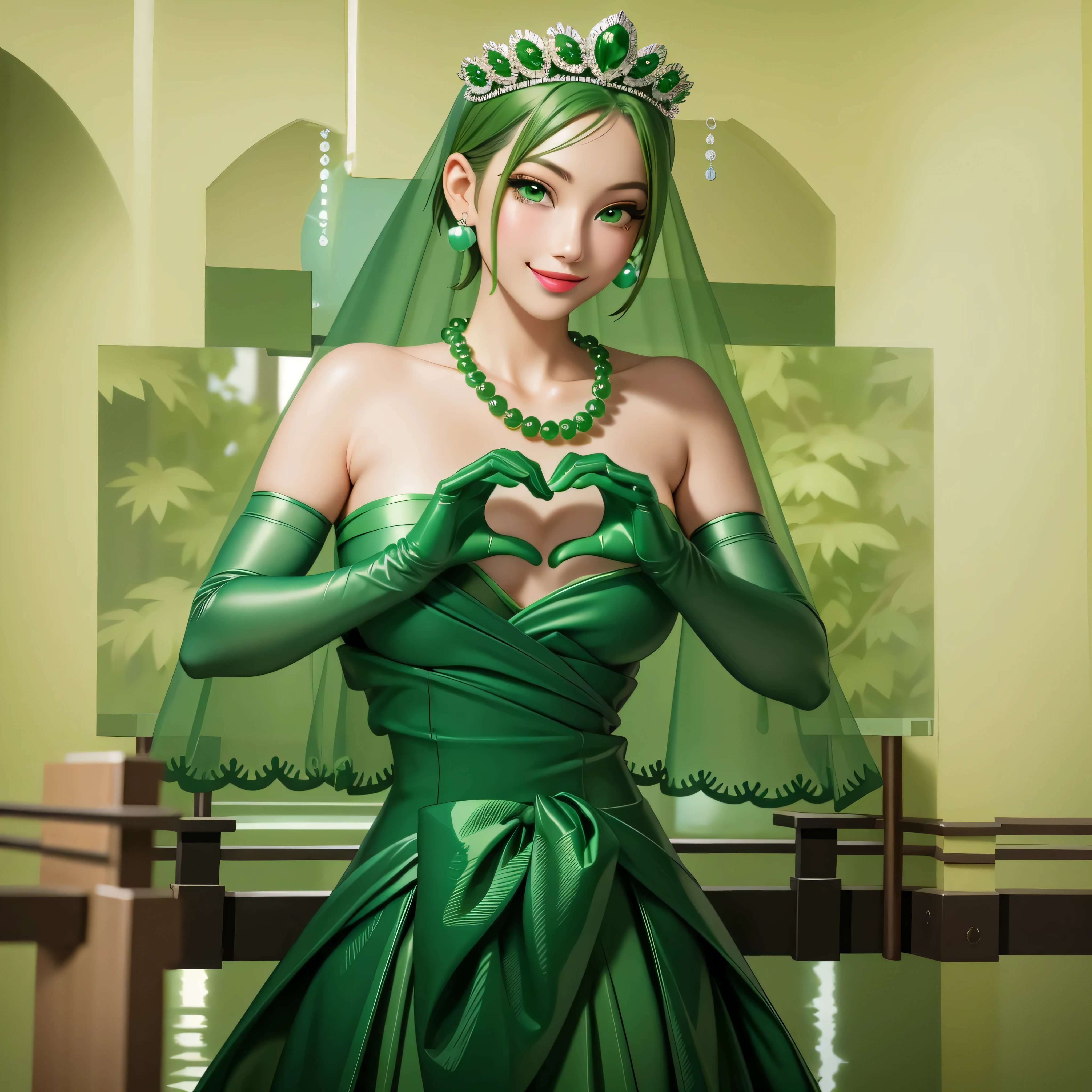 emerald tiara, Green Pearl Necklace, Boyish very short green hair, Green Lips, Smiling Japanese woman, Very short hair, Busty beautiful lady, Green Eyes, Green satin long gloves, Green Eyes, Emerald Earrings, Green veil, Heart with both hands, Heart shaped hands, Green Hair, Beautiful Japanese Woman, green lip gloss