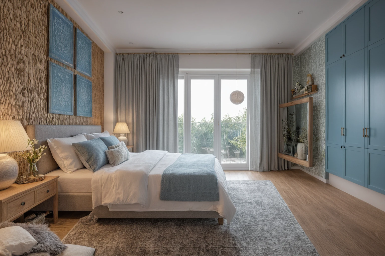 Raw photo,Masterpiece, high quality,Gray and white tones, combined with tone blue, robin hood wall deco, robin hood painting
, wall deco decorations, rattan wall decor, best quality, authentic, super detail, interior, indoors, bedroom style modern , (daylight:1.1), vivid colour, (realistic:1.2),