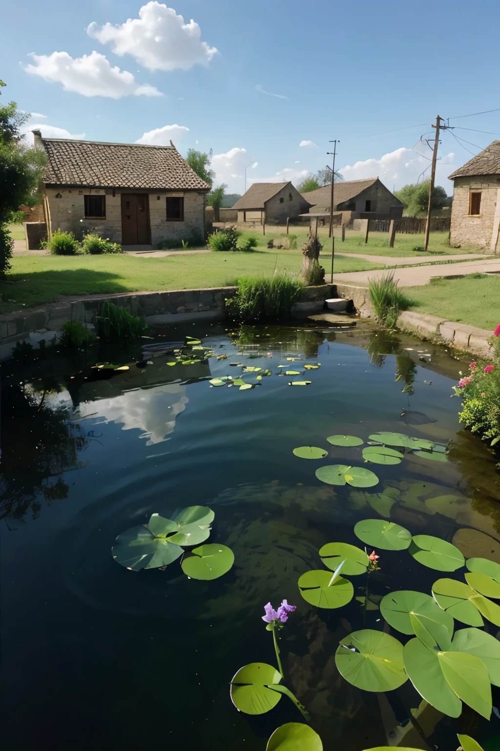 A fish pond in rural village no houses just vast blue sky