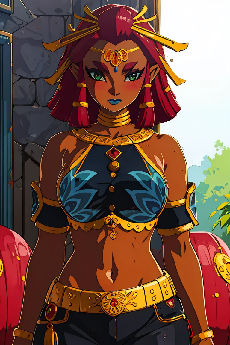 best quality, high resolution, large breasts, red hair, blush, embarrassed, cowboy shot, looking at viewer, Riju, blue lip,