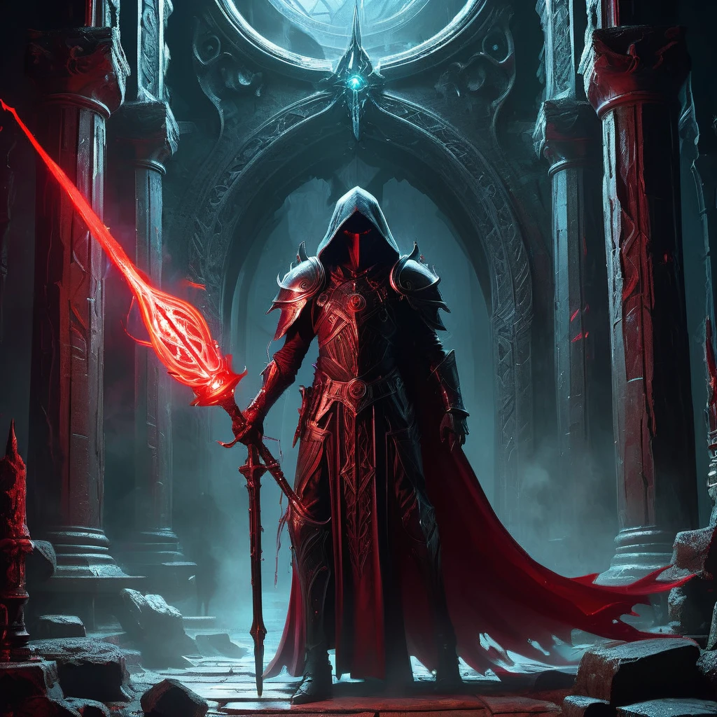 Envision the legendary Bloodstaff, an ancient weapon of immense power, standing upright in a dark, foreboding chamber deep within a medieval fantasy fortress. The staff, carved from blackened wood, is entwined with veins of pulsating crimson that seem to flow like living blood. At its top, a large, blood-red crystal glows ominously, casting a sinister light across the stone walls inscribed with arcane symbols and ancient curses. The air around the staff is thick with an aura of malevolence and dark magic, resonating with the faint whispers of tormented souls. Capture the eerie and awe-inspiring presence of the Bloodstaff, a weapon feared and revered, capable of unleashing devastating power and shrouded in dark legends and forbidden lore