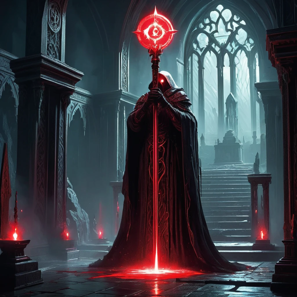 Envision the legendary Bloodstaff, an ancient weapon of immense power, standing upright in a dark, foreboding chamber deep within a medieval fantasy fortress. The staff, carved from blackened wood, is entwined with veins of pulsating crimson that seem to flow like living blood. At its top, a large, blood-red crystal glows ominously, casting a sinister light across the stone walls inscribed with arcane symbols and ancient curses. The air around the staff is thick with an aura of malevolence and dark magic, resonating with the faint whispers of tormented souls. Capture the eerie and awe-inspiring presence of the Bloodstaff, a weapon feared and revered, capable of unleashing devastating power and shrouded in dark legends and forbidden lore