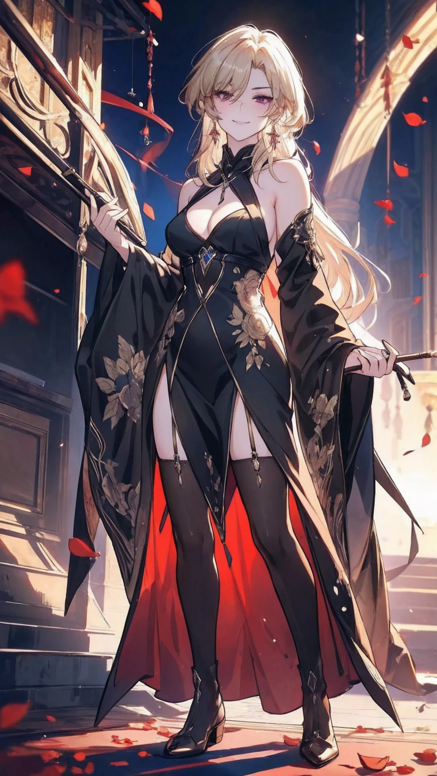 (extremely detailed 8K wallpaper),(ultra-detailed),(best quality),(masterpiece),(highly detailed),(cinematic lighting),(Original),Cold ligh,magenta eyes ,ink style,, smoking pipe, kiseru, holding a long smoking pipe, long sandy blonde hair,((Beautiful adult woman)),black dress with stockings,((slight smirk face)),(black socks), adult woman, beautiful earrings, falling red petals, full body