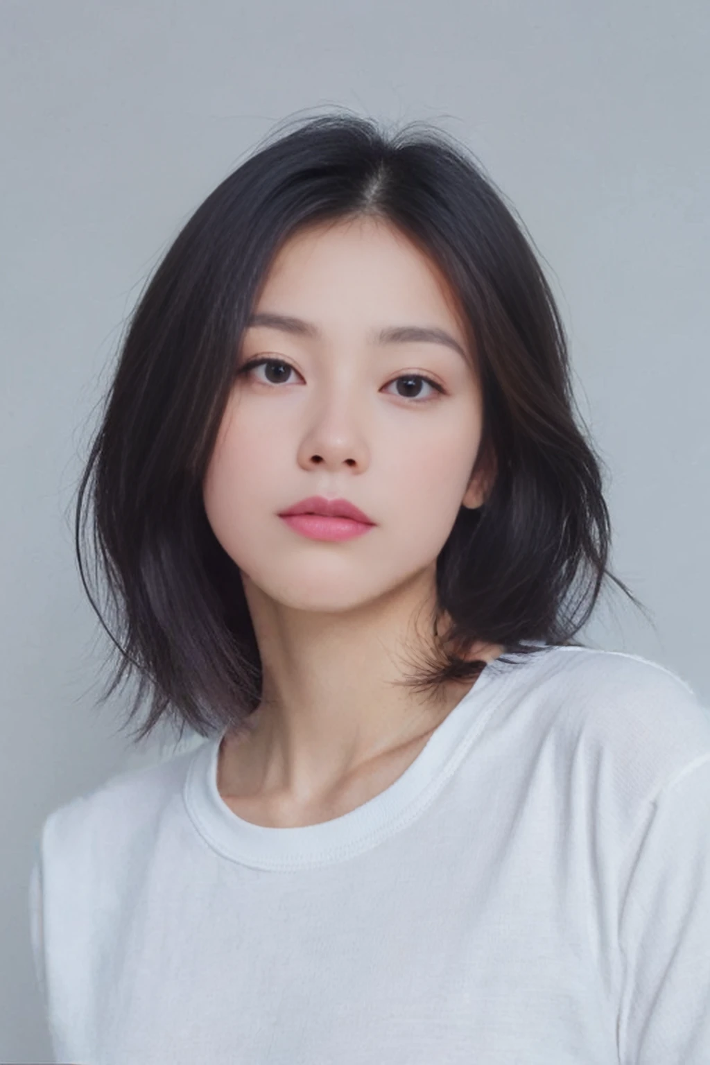 Best Quality, 8k, Masterpiece, (Portrait: 1.3), (photo realistic:1.4), (hyper realistic:1.4), Sharp Focus, looking at viewer, (smoother lighting:1.1), (increase cinematic lighting quality:0.9), realistic lighting, backlighting, light on face, ray trace, (brightening light:1.2), (Increase quality:1.4), sharp detail, (best quality real texture skin:1.4), finely detailed eyes, black_eyes, finely detailed face, 25 year old Korean woman, (crop_top:1.4), (Create an image maintaining the original base model hairstyle:1.5)