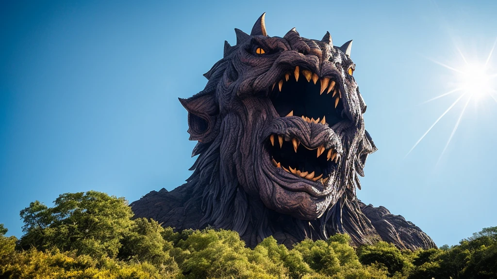 Giant monster face, Looking up at the sky, sunny, Intimidating Monsters, Monster&#39;s mouth,Terrifying monsters, harmless, Hell on Earth, Super-giant creature, Emanating dignity, Inorganic, Aerial perspective, Primary forest, Majestic Monsters