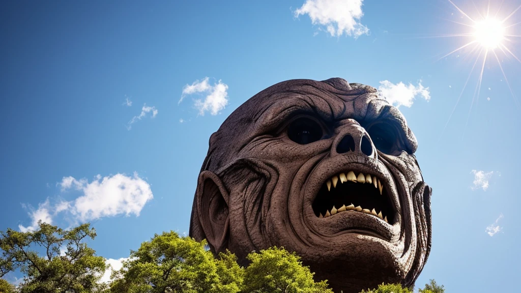 Giant monster face, Looking up at the sky, sunny, Intimidating Monsters, Monster's mouth,Terrifying monsters, harmless, Hell on Earth, Super-giant creature, Emanating dignity, Inorganic, Aerial perspective, Primary forest, Majestic Monsters