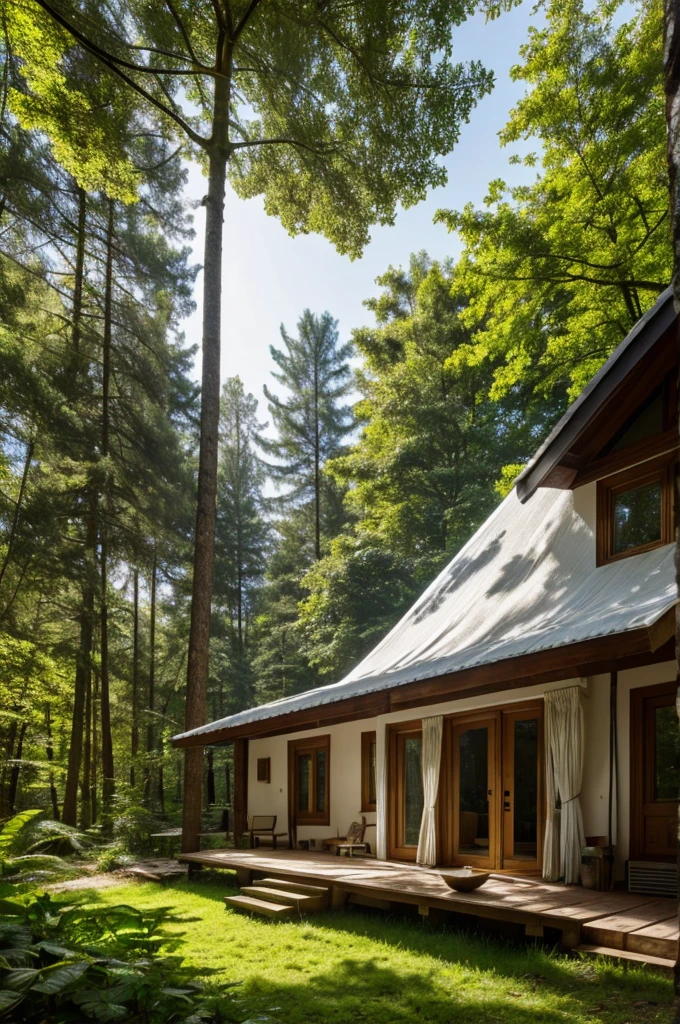 In a dense forest, there is a house made from a white mushroom. To the right of the house, there is a small garden, and to the left, a well. The window of the house is open, and the curtains are fluttering in the wind. A bright sunny day illuminates this magical scene.

