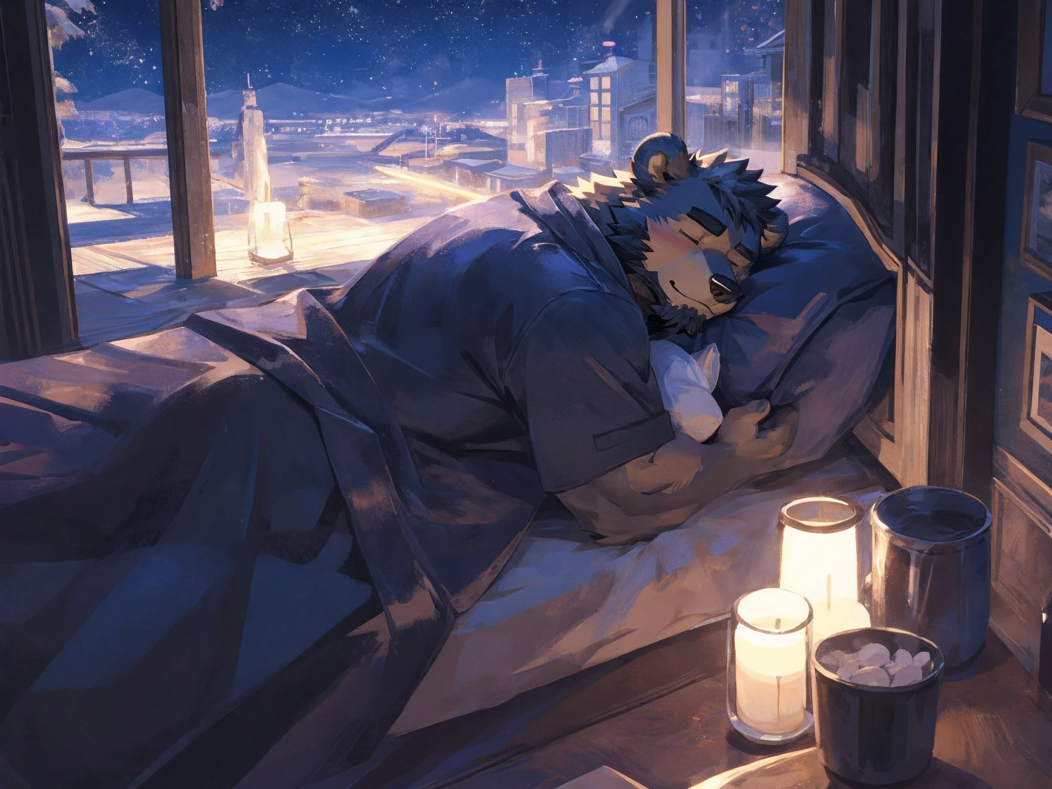 (masterpiece:1.2), best quality,pixiv,official art,perfect anatomy, (Ray tracing, light),solo, (1_male:1.3) , (muscle), (grey fur:1.4), (muscle bear), (beard:1.2), (gleaming golden eyes), bear tail, Thick black eyebrows,(black bathrobe), (naked inside), jeans, barefoot, A  skyline at night, with twinkling stars and a bright Milky Way. character is sleeping in the bed with a blanket