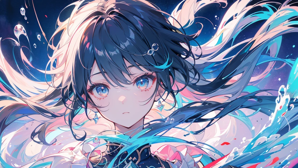 Xingqiu (masterpiece), (Highest quality), (Super detailed),(Disheveled Hair),(figure), (One boy), Beautiful fine details,Delicate and beautiful face,floating,(High chroma),(Colorful splashes),Colorful Bubbles,(The Shining),Focus on the face