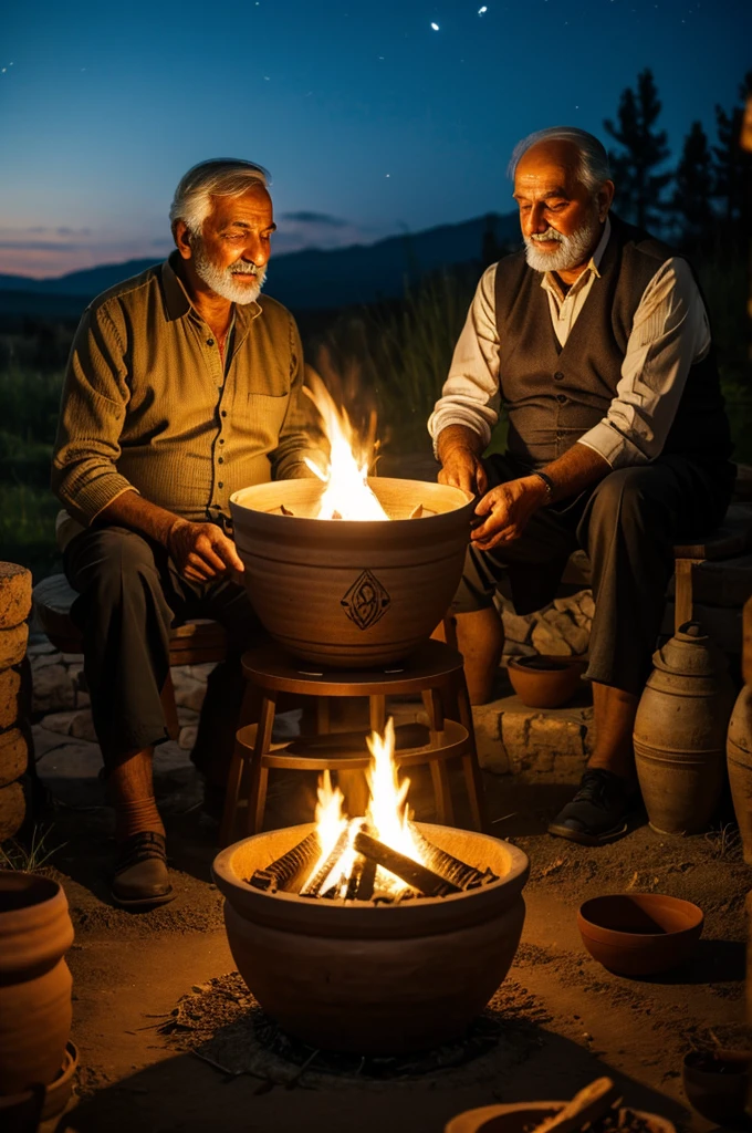 Kajval and his grandfather sit by a bonfire. Grandfather holds a clay pot with steaming herbs while telling ancient stories.