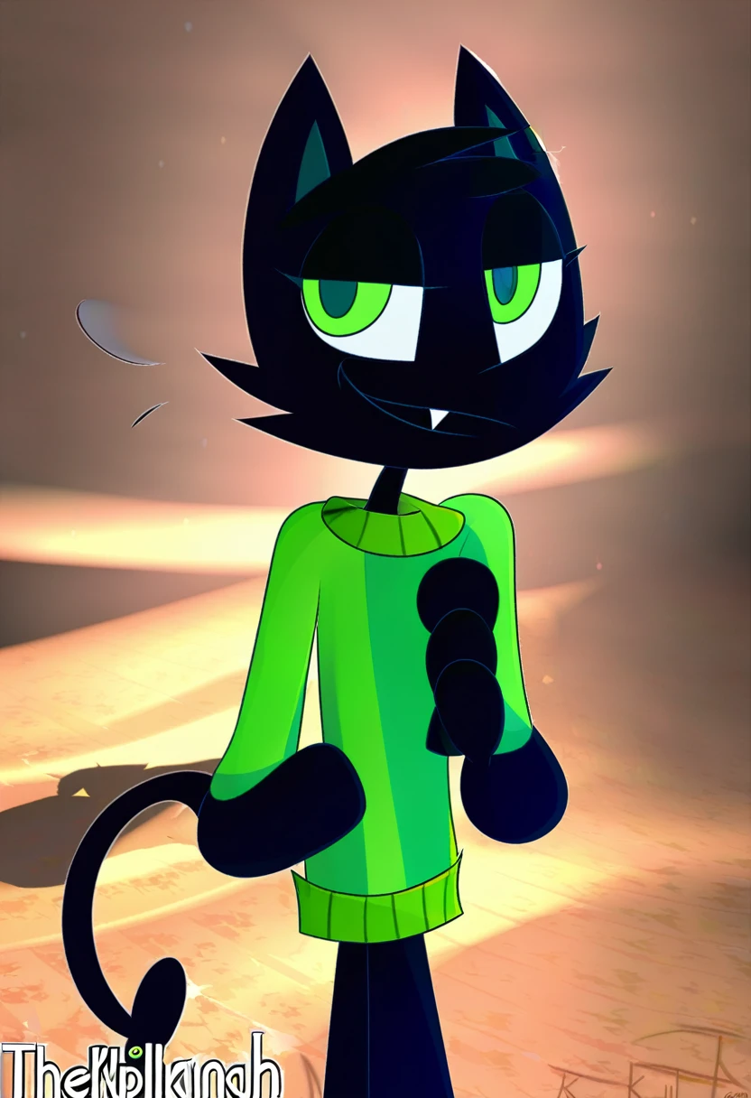 all black feline guy, cartoonish, 3d animation, green eyes, lime slitted pupils, walking around basement, Pixar animation, dim lighting, spherical head, long thin tail, thin, skinny, tall, pointy triangle ears, 3d shapes body, green sweater, extremely pitch black fur, seven feet tall, wolf-like, fluff fur, fox- like ears and snout, vivziepop style ((((by inkplasm, by thekilinah:1.12)))