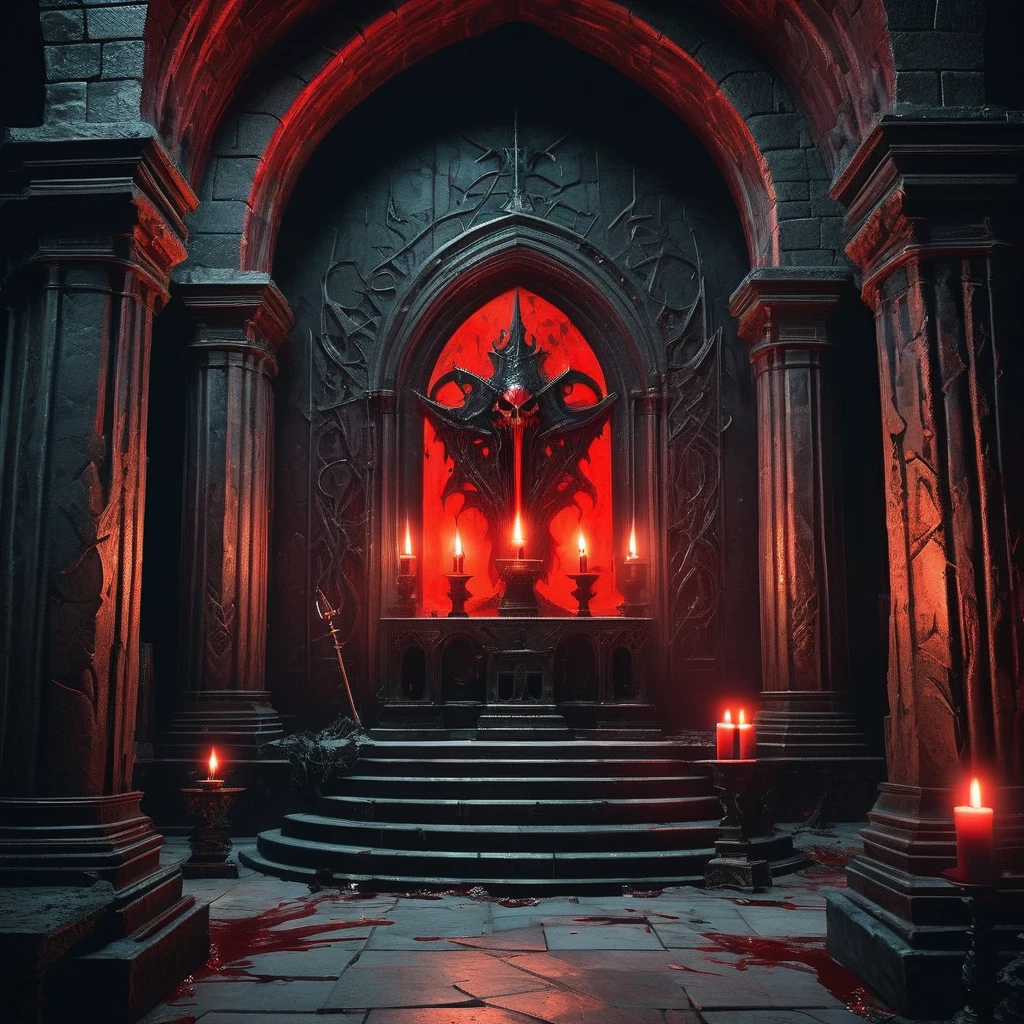 Imagine a dark, foreboding room within a medieval fantasy castle, its stone walls draped in shadows and silence. At the center of the room, resting on an altar of blackened stone, lies a sinister weapon—a satanic blade forged in the depths of the underworld. The weapon’s hilt is twisted and gnarled, adorned with demonic faces and infernal runes that glow with a malevolent red light. The blade itself is dark as midnight, its edges etched with pulsating symbols that seem to writhe and shift. Surrounding the altar are remnants of dark rituals: scorched candles, faded sigils drawn in blood, and ancient tomes filled with forbidden knowledge. The air is thick with an oppressive energy, resonating with whispers of dark power and ancient curses. Capture the eerie, malevolent atmosphere of this chamber, where the satanic weapon awaits a soul brave or foolish enough to claim it