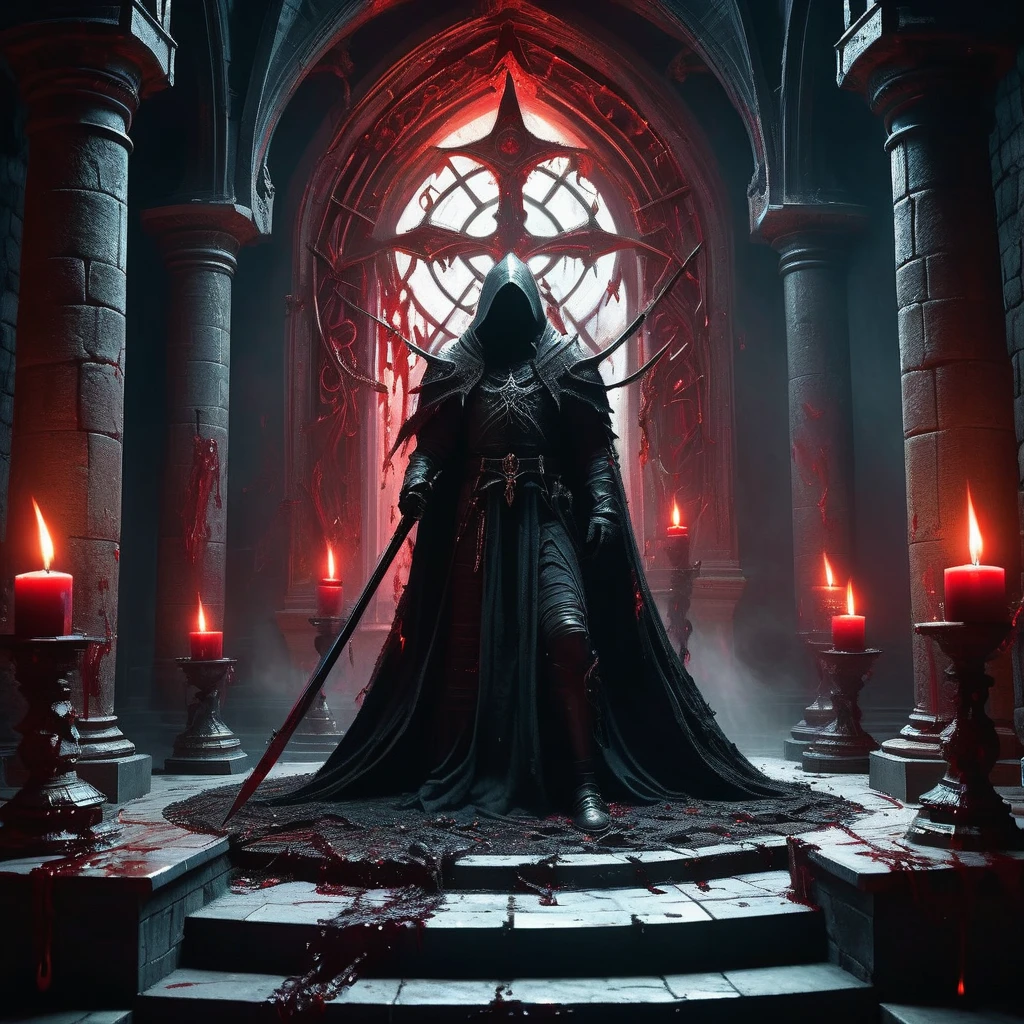 Imagine a dark, foreboding room within a medieval fantasy castle, its stone walls draped in shadows and silence. At the center of the room, resting on an altar of blackened stone, lies a sinister weapon—a satanic blade forged in the depths of the underworld. The weapon’s hilt is twisted and gnarled, adorned with demonic faces and infernal runes that glow with a malevolent red light. The blade itself is dark as midnight, its edges etched with pulsating symbols that seem to writhe and shift. Surrounding the altar are remnants of dark rituals: scorched candles, faded sigils drawn in blood, and ancient tomes filled with forbidden knowledge. The air is thick with an oppressive energy, resonating with whispers of dark power and ancient curses. Capture the eerie, malevolent atmosphere of this chamber, where the satanic weapon awaits a soul brave or foolish enough to claim it