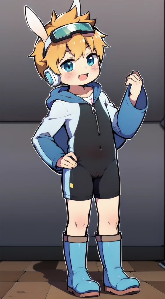 2D Boy Shota,One-piece mountaineering suit,Slim, healthy body,Put the headphones on your head,stand up,goggles,Rabbit ears,happy,Sailor collar,tie,Zipper pulled down,boots,hood