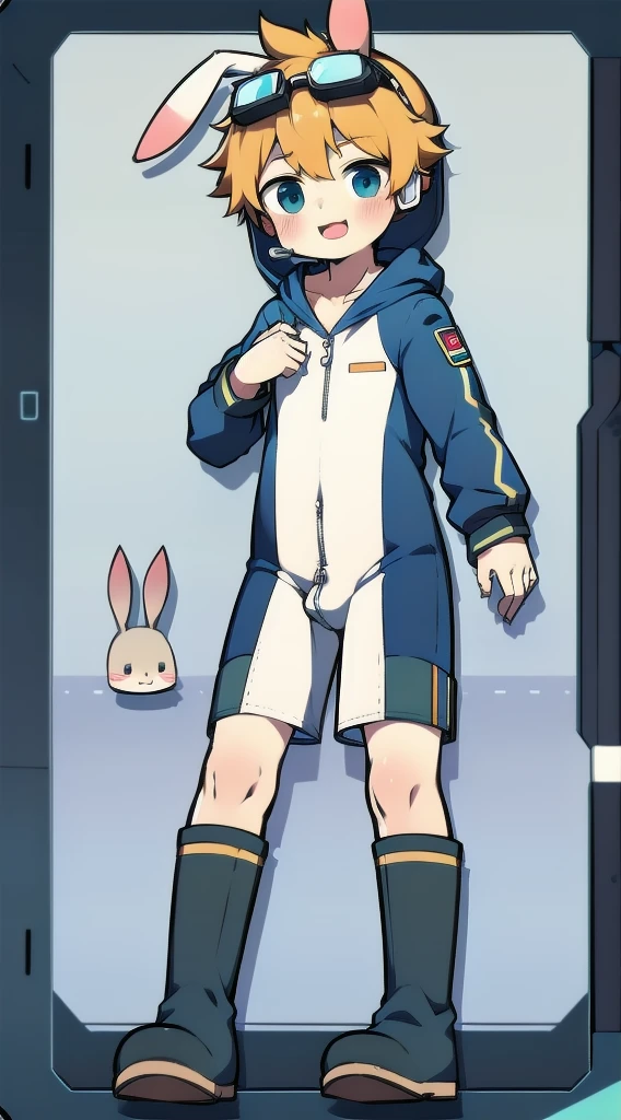 2D Boy Shota,One-piece mountaineering suit,Slim, healthy body,Put the headphones on your head,stand up,goggles,Rabbit ears,happy,Sailor collar,tie,Zipper pulled down,boots,hood