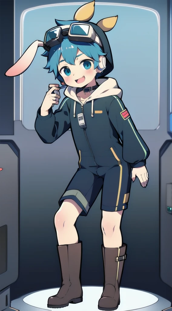 2D Boy Shota,One-piece mountaineering suit,Slim, healthy body,Put the headphones on your head,stand up,goggles,Rabbit ears,happy,Sailor collar,tie,Zipper pulled down,boots,hood