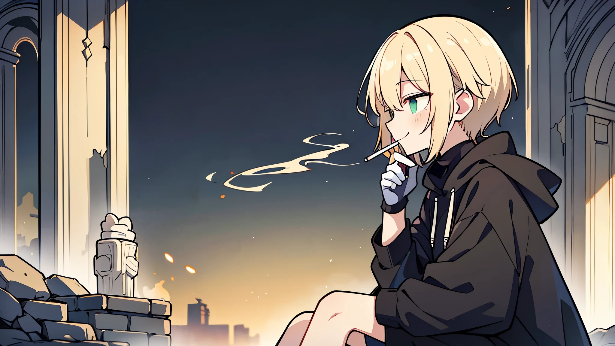 ((highest quality)), ((masterpiece)), (be familiar with), (Sitting in the dark ruins)perfect face,white half-up hair,green mesh blonde、Smoke a cigarette、cool black hoodie,headphones,black gloves,turtleneck,alone,İcon、profile、Right beside、Expressionless、smile、Light-colored clothing
