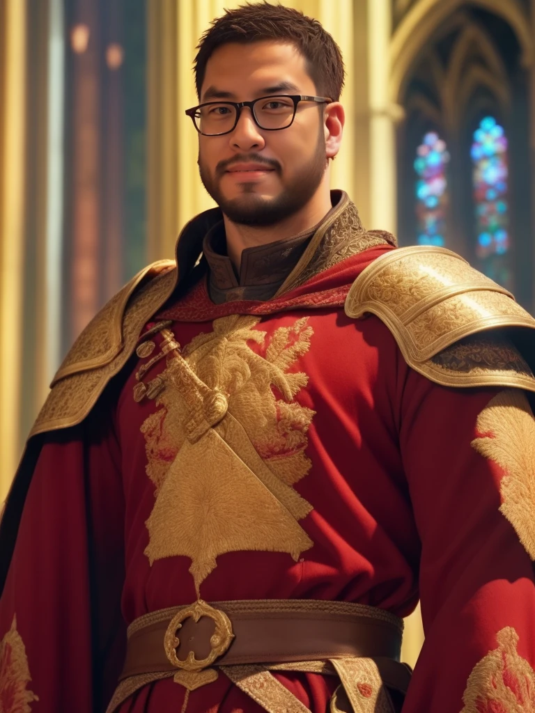 An award-winning original photo，a handsome 38-year-old man, crew cut, (((full body))), (((landscape))), mature man, [slightly fat], asian man, brown eyes, rounded face, glasses, slightly balding, 1boy, Solo, (big shoulders), (((stubbles, Short beard))), (((full beard))), (Beautiful eyes:1.3), (Detailed face:1.3), Masterpiece, UHD, absurdres, realistic illustration of a knight inquisitor wearing plate_armor over (red robes embroidered in gold), highly detailed_face, evil, fierce stare, vandyke goatee, carrying a longsword, dynamic shadows, cathedral, in the style of Akihiko Yoshida