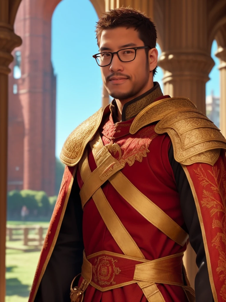 An award-winning original photo，a handsome 38-year-old man, crew cut, (((full body))), (((landscape))), mature man, [slightly fat], asian man, brown eyes, rounded face, glasses, slightly balding, 1boy, Solo, (big shoulders), (((stubbles, Short beard))), (((full beard))), (Beautiful eyes:1.3), (Detailed face:1.3), Masterpiece, UHD, absurdres, realistic illustration of a knight inquisitor wearing plate_armor over (red robes embroidered in gold), highly detailed_face, evil, fierce stare, vandyke goatee, carrying a longsword, dynamic shadows, cathedral, in the style of Akihiko Yoshida