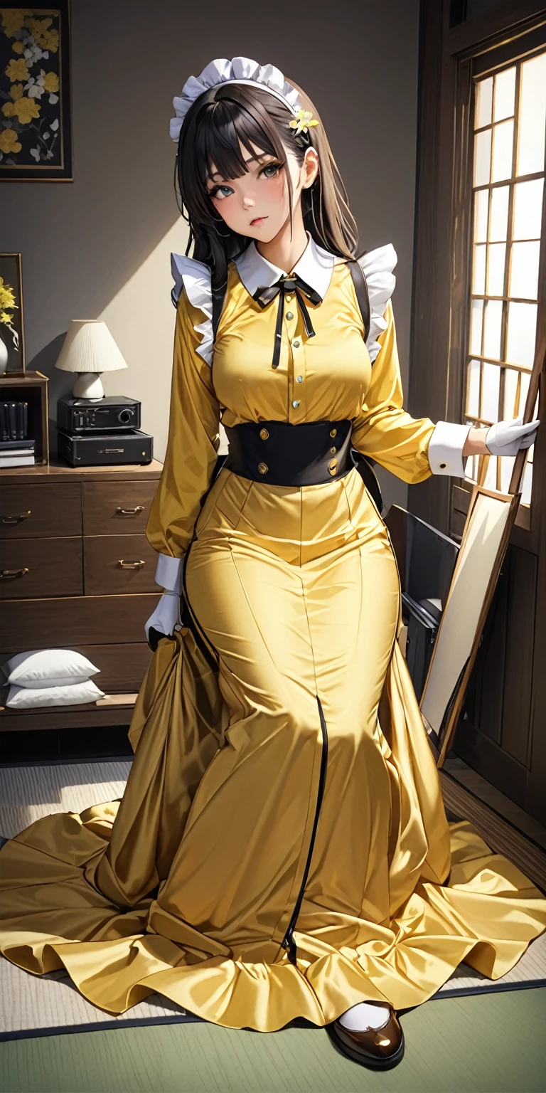 (masterpiece,Highest quality,Ultra-high resolution),Japanese women, (((Very beautiful 25 year old girl))),(Yellow satin maid outfit)、Long skirt、(Yellow satin long sleeve shirt)、Yellow satin long gloves、Yellow satin socks、The clothes fit snugly around the body、Satin is very shiny、Dark Room