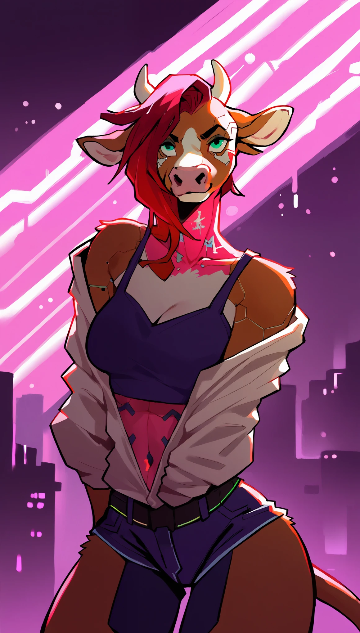 score_9, score_8_up, score_7_up, (cyberpunk buildings, cyberpunk neon signs, cyberpunk cars, cyberpunk-style city on background),
((Cow:1.2), anthro, solo, female, (closeup portrait, focus on face, dancing), (holding, large boobs), ((wearing clothes)), ((have fur)), beautiful, (have cyberpunk augmentations, cyberpunk implants, cyberpunk-style additions:1.5)