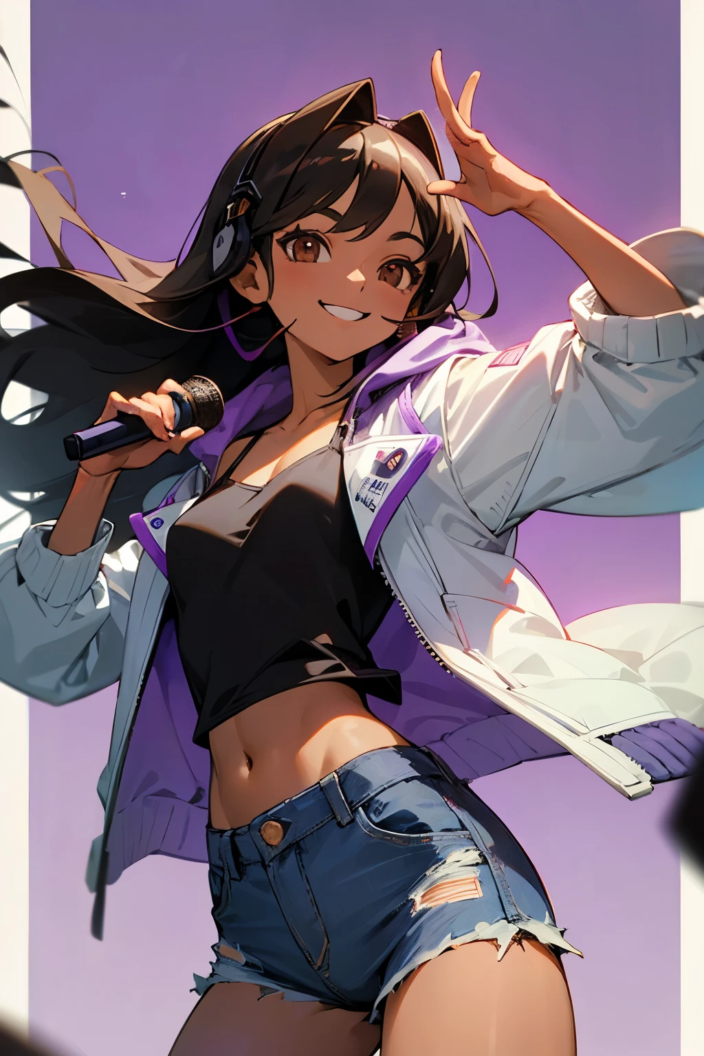 girl, long black hair, light brown skin, brown eyes, (headset with mic), white jacket with hood and purple underside, light purple, black cami top, denim shorts, smiling