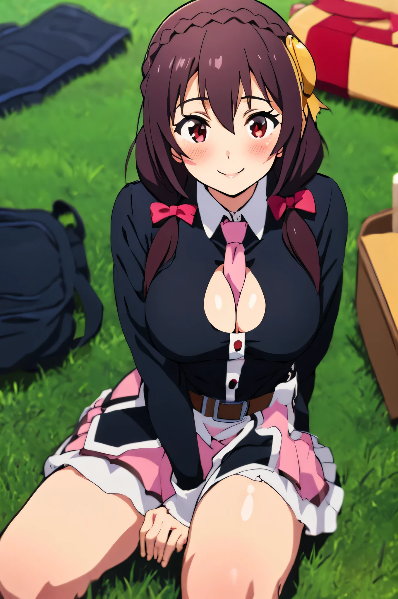 (masterpiece, Highest quality), One girl, Yunyun,Long Hair,Braiding,Twin tails,Hair between the eyes,Red hair ribbon,hair ornaments,large round breasts,、Pink Skirt、Black Hair、Red Eyes、(The best smile:1.2)、Crown Blade,Black Shirt, Long sleeve,Pink tie, belt, Cleavage cutout、cowboy shot、(blush:1.ung face、(Sitting on the grass having a picnic)