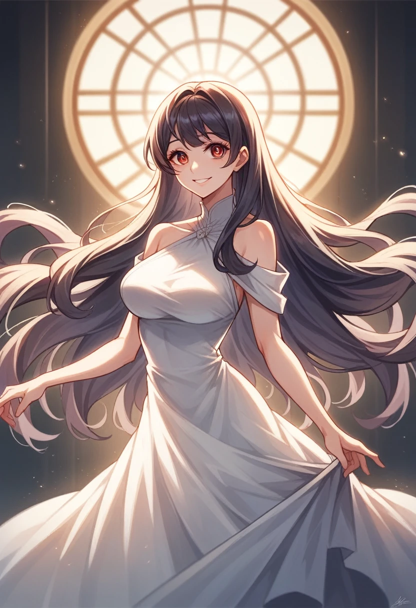 masterpiece, (best quality:1.3), Amazing, beautiful detailed eyes, 1girl, solo, finely detail, depth_of_field, extremely detailed CG unity 8k wallpaper, ([overhead shot]:1.2), long hair, dress, bare shoulders, white dress,A beautiful Asian woman stands elegantly behind the counter of a computer tutoring center, dressed in professional office attire. She is smiling warmly, exuding grace and poise. The scene is brightly lit, with detailed attention to the background and lighting, enhancing the overall beauty, brightness, and professionalism of the setting.