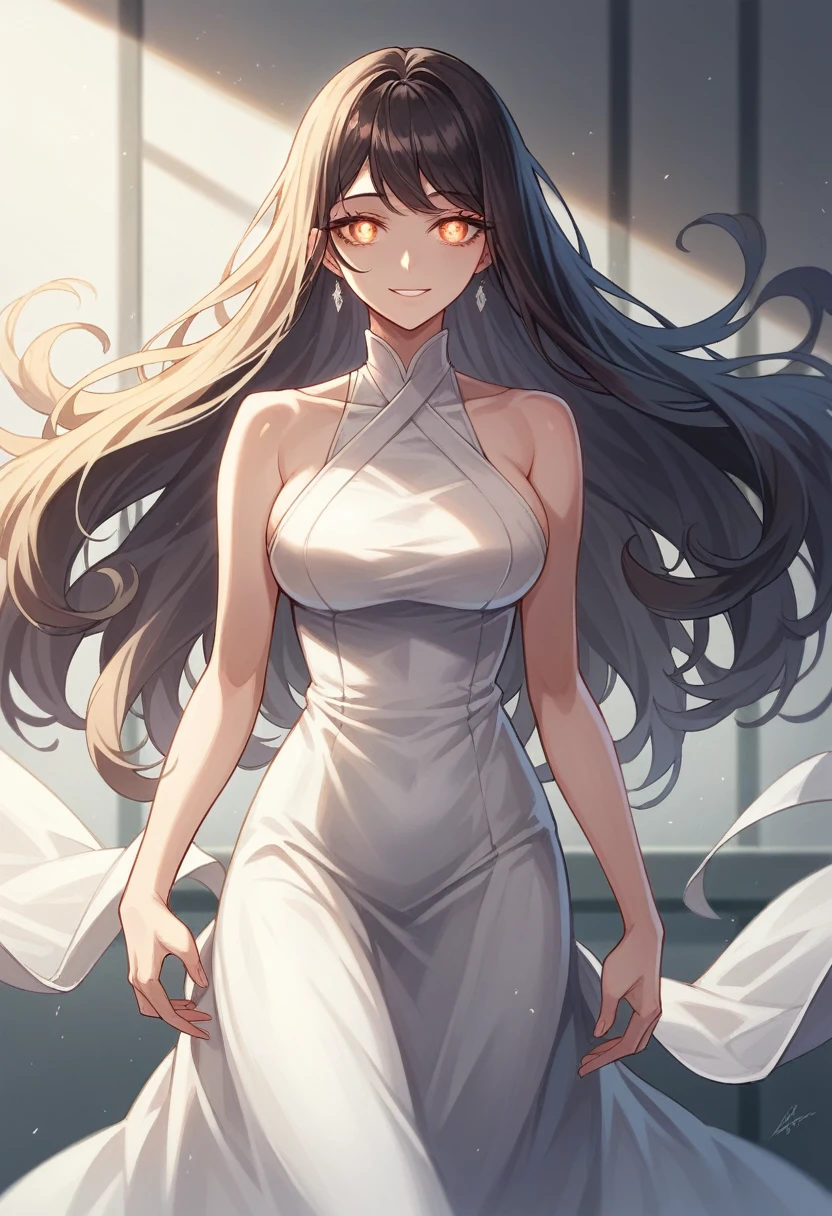 masterpiece, (best quality:1.3), Amazing, beautiful detailed eyes, 1girl, solo, finely detail, depth_of_field, extremely detailed CG unity 8k wallpaper, ([overhead shot]:1.2), long hair, dress, bare shoulders, white dress,A beautiful Asian woman stands elegantly behind the counter of a computer tutoring center, dressed in professional office attire. She is smiling warmly, exuding grace and poise. The scene is brightly lit, with detailed attention to the background and lighting, enhancing the overall beauty, brightness, and professionalism of the setting.