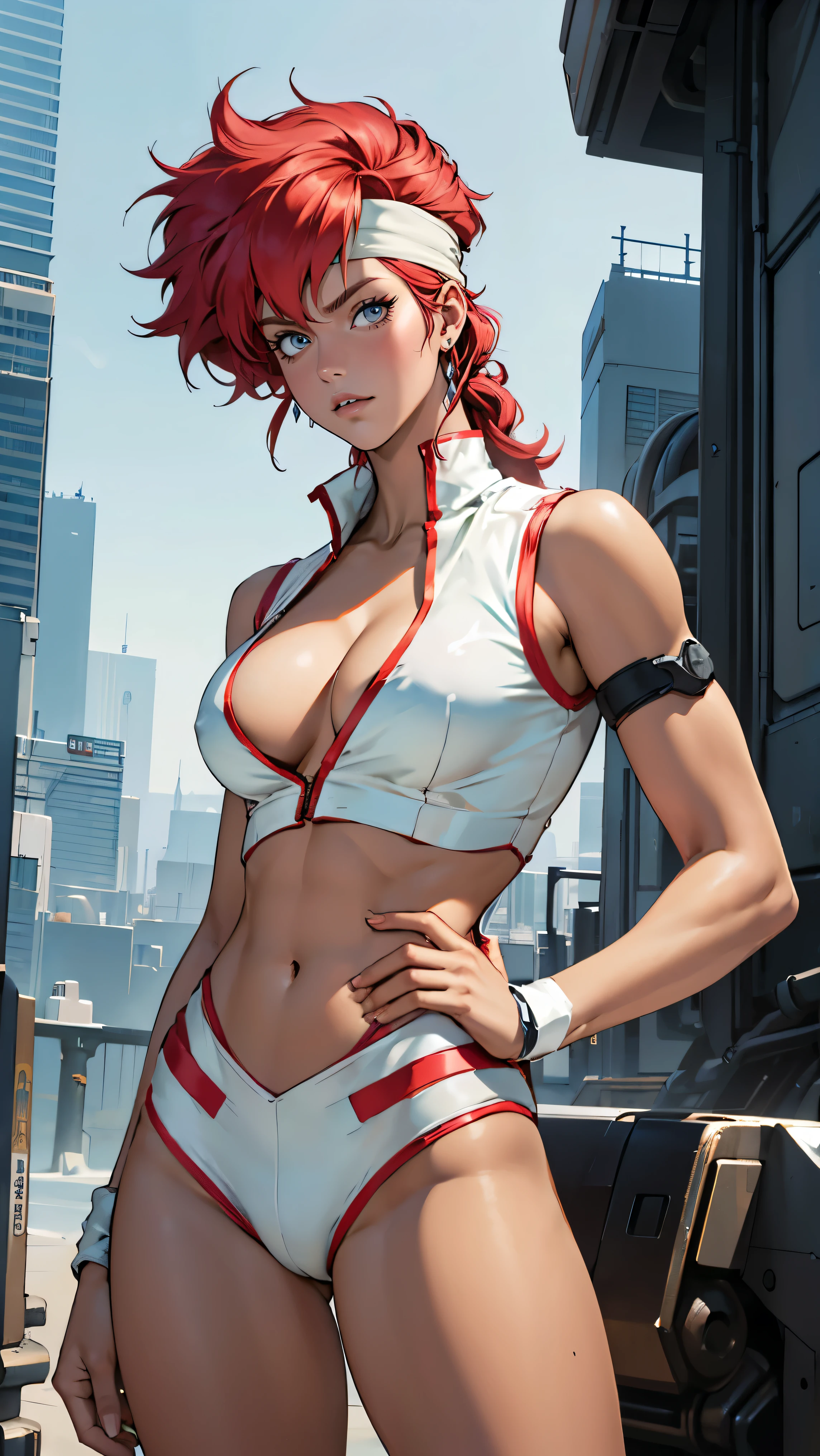 ((Masterpiece, highest quality; 1.3)), super quality, beautiful detail, super detailed, extra fine, 16K, exquisite, absurd, high resolution, beautiful background, detailed background, beautiful eyes, beautiful skin, anime style, Kay from Dirty Pair in a white outfit, tight outfit, cleavage, bushy redhead beauty, very light blue uniform, wearing tight clothes, skimpy, (mid chest: 1.2), cleavage, cleavage, slim waist , thin waist, slim thighs, thin legs, slim legs. thigh gap, showing stomach, skinny, thin hips, cyberpunk city background, retro space gun holding, headband, 