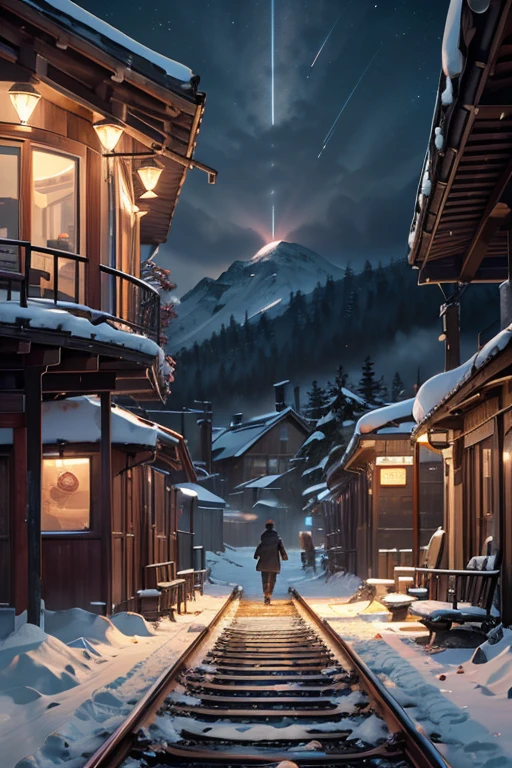 (Scenery before dawn:1.５)、Snow-covered station platform in a rural town、Diesel trains、Extending railway line、winter、Faint starry sky、People waiting for a train、Photorealistic、Photorealistic:1.37、Highest quality、4K、8K、High resolution、masterpiece:1.2、Super detailed、HDR、uhd、Studio Lighting、Ultra-fine painting、Sharp Focus、Physically Based Rendering、Extremely detailed depiction、professional、Bright colors、Bokeh、wtrcolor style