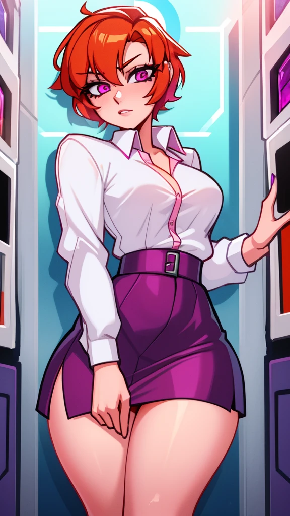 a  girl sexy attractive beautiful cool popular short orange hair disheveled cut light red lip wears long light blue button shirt sensual curves and a short purple miniskirt pair short blue socks legs white heel she is frozen inside a pink crystal paralyzed in a laboratory