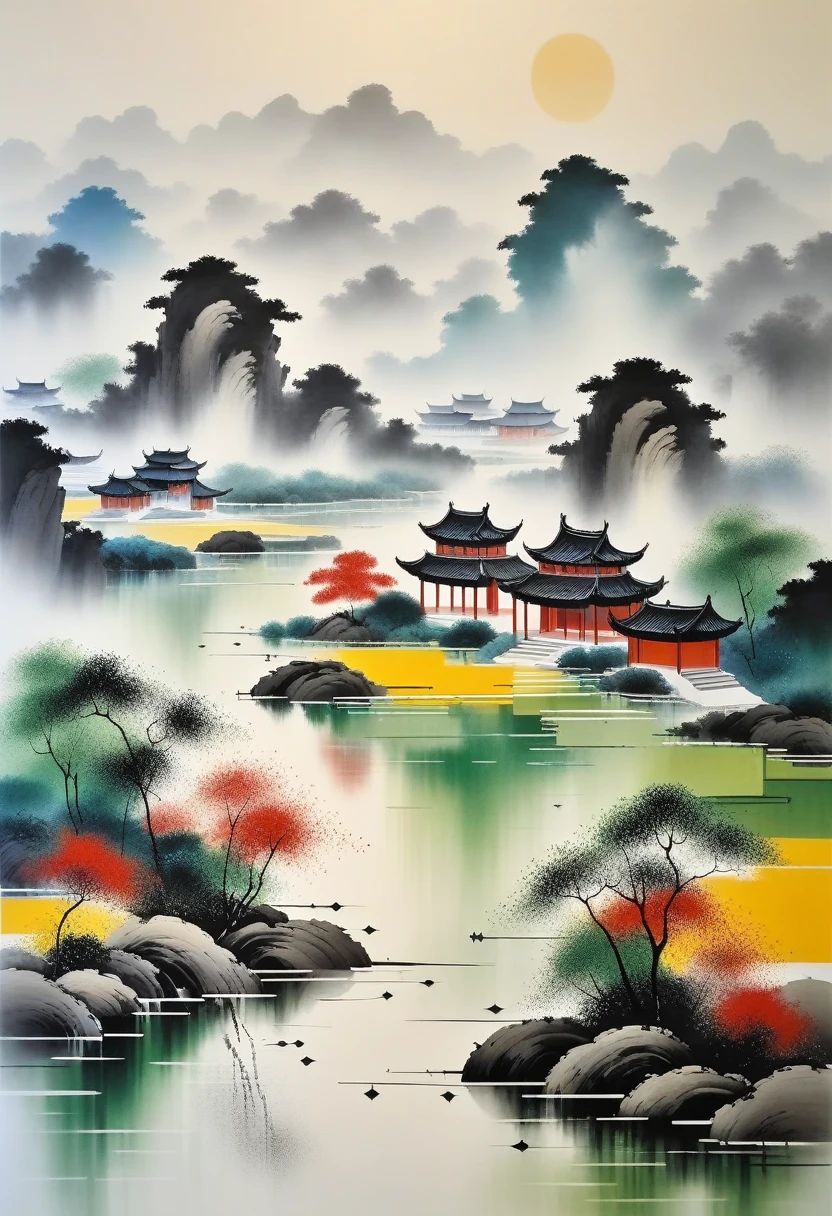 decorative painting in living room：geometric abstract ink，Describe Jiangnan Landscape Architecture Complex，Wu Guanzhong&#39;s style is an artistic expression that combines traditional Chinese ink techniques with Western painting concepts... It is characterized by a modern interpretation of a traditional theme.., Creates unique visual effects through color and lines..