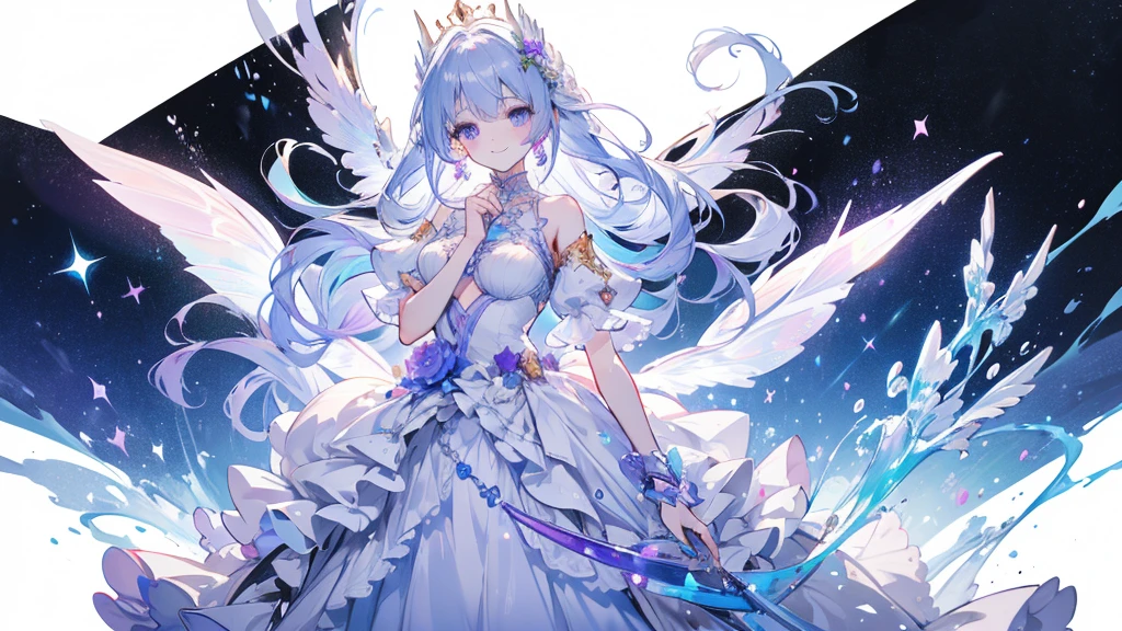 Highest quality, Very detailed, beautiful, Exquisite, 16K, Full HD, Absurd,(White Background:1.5),Soft look,((A light smile,Happy:1.5)),((Sparkling fluffy layered ball gown)),A large and beautiful dress inspired by rose flowers, Hanabubuki,Lots of flowers、Surrounded by flowers,Frills、Rhinestones are adorned、Intricately wavy ball gown ( Tabletop, Art Station, Fantasy art:1.2), Have a look at this,Standing with a graceful smile,pastel colour,((Giant white fairy wings))、Gradient Hair, Light blue hair, Hair blowing in the wind, Wavy Hair,Fluffy hair,tiara,anklet,Lavender eyes, Long eyelashes, beautiful purple eyes,Light pink cheeks,Pointed Ears, Bright Eyes, Golden Hour, Dazzling Light, Warm lighting,