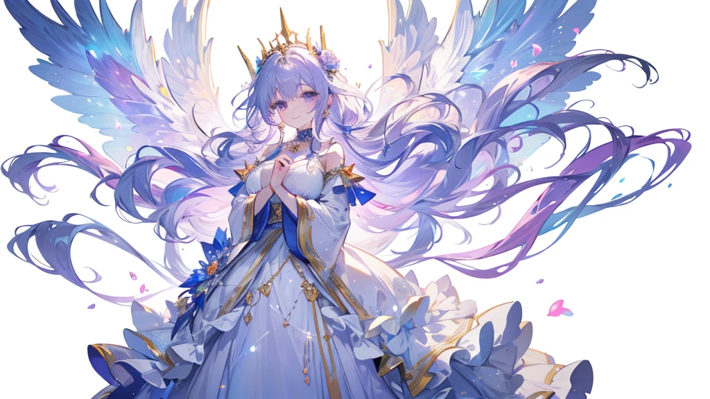 Highest quality, Very detailed, beautiful, Exquisite, 16K, Full HD, Absurd,(White Background:1.5),Soft look,((A light smile,Happy:1.5)),((Sparkling fluffy layered ball gown)),A large and beautiful dress inspired by rose flowers, Hanabubuki,Lots of flowers、Surrounded by flowers,Frills、Rhinestones are adorned、Intricately wavy ball gown ( Tabletop, Art Station, Fantasy art:1.2), Have a look at this,Standing with a graceful smile,pastel colour,((Giant white fairy wings))、Gradient Hair, Light blue hair, Hair blowing in the wind, Wavy Hair,Fluffy hair,tiara,anklet,Lavender eyes, Long eyelashes, beautiful purple eyes,Light pink cheeks,Pointed Ears, Bright Eyes, Golden Hour, Dazzling Light, Warm lighting,
